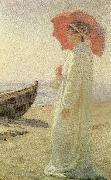 Laurits Tuxen nina, kunstnerens datter, pa stranden oil painting